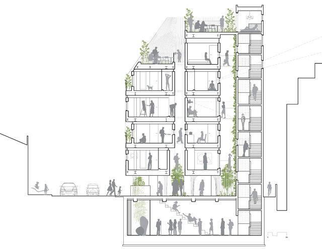 SECTION: The void spaces are either shared by the units or visual extend the interior experience while still maintaining privacy
